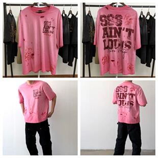 sssaint lovis复古做旧泼墨字母印花破洞宽松oversized短袖T恤 夏