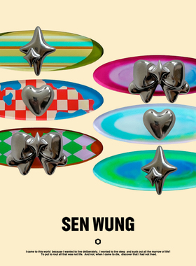 SEN WUNG【太空女孩】金属银色蝴蝶结发卡磁吸爱星渐变格子边夹