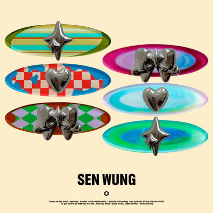 SEN WUNG【太空女孩】金属银色蝴蝶结发卡磁吸爱星渐变格子边夹