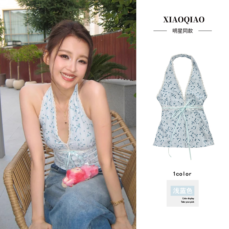 孙怡同款蓝色碎花吊带背心女夏季高级感法式气质露背挂脖无袖上衣