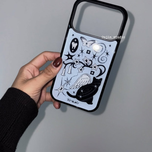 13黑边防摔手机壳 15苹果14promax 韩系ins小众设计天使黑猫咪插画Y2K甜酷少女高级感手机壳iphone17 16pro