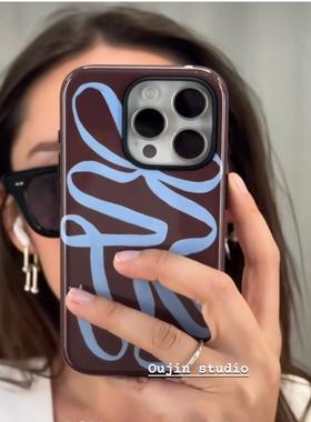 韩系ins小众个性欧美风深咖色蓝丝带适用于iphone17/16promax/15pro/14/12菲林苹果16plus2合一防摔保护壳套