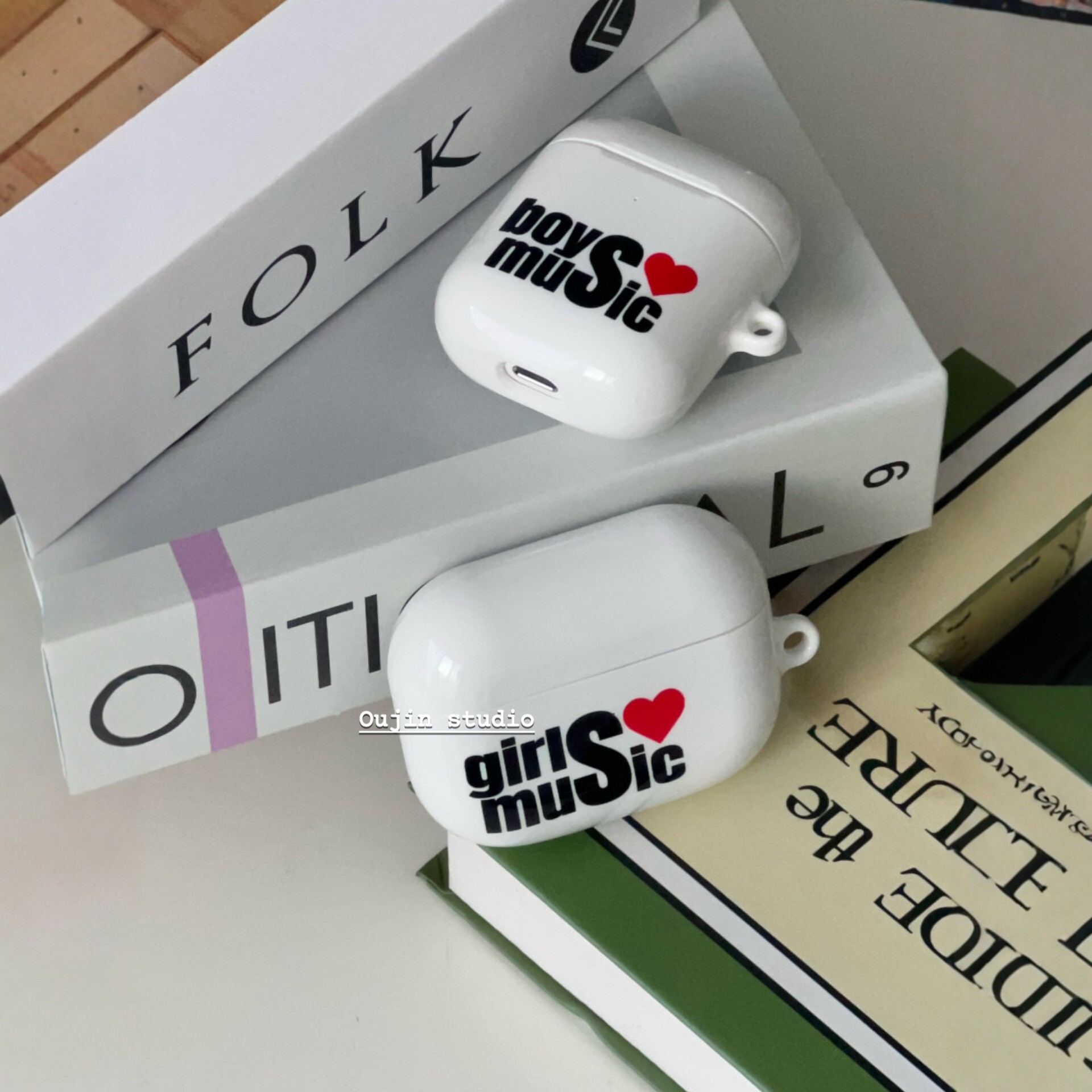 韩国进口涂层菲林耳机壳情侣款boy girl music爱心airpods1/2/3代pro2简约亮面硬壳蓝牙耳机保护套