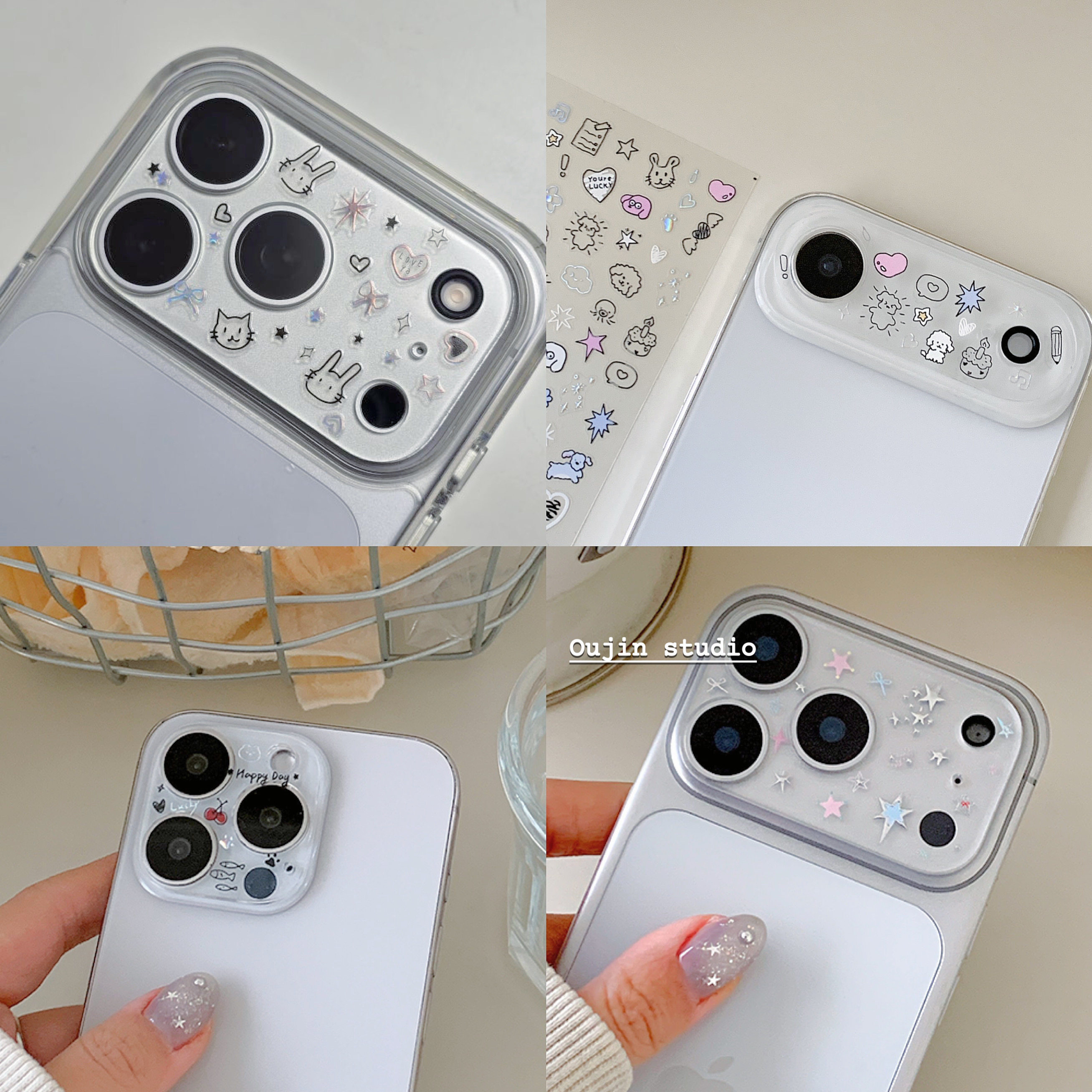 ins博主同款小众设计少女心苹果iPhone透明卡通贴纸镜头膜保护膜可爱装饰贴膜diy配饰