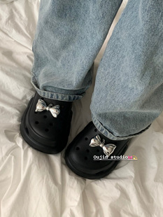 韩系ins少女银色蝴蝶结黑丝带洞洞鞋扣diy鞋子吊坠个性鞋花时髦潮