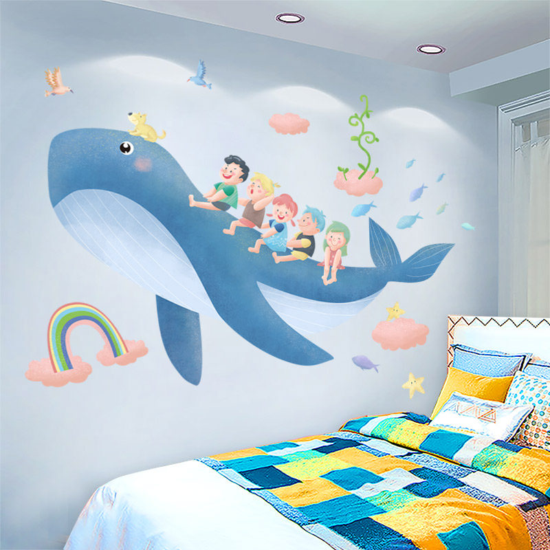 儿童房墙贴纸贴画卡通动漫宝宝房间卧室装饰创意海洋鲸鱼墙纸自粘