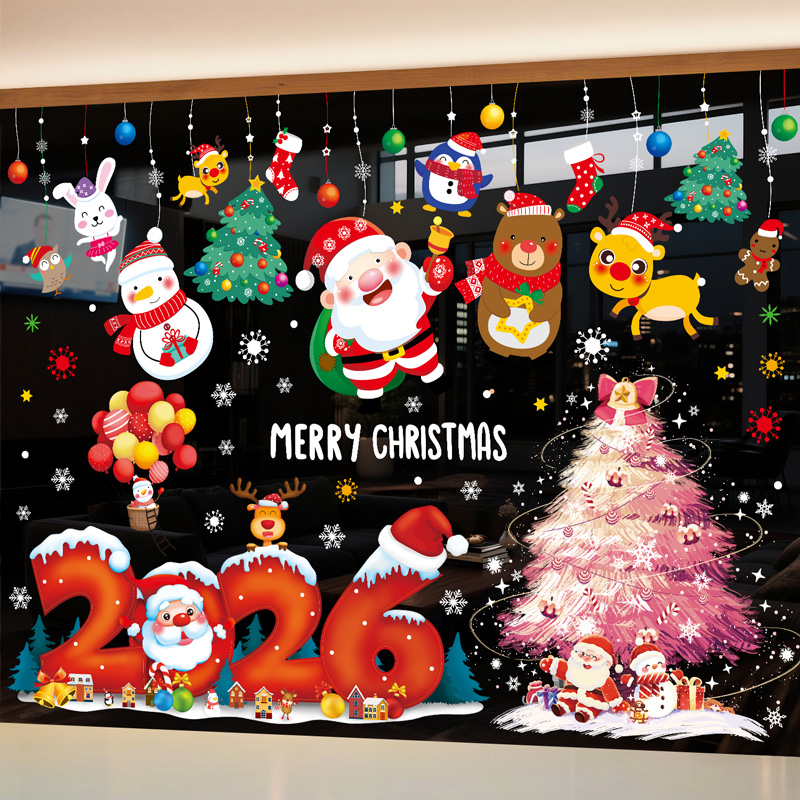 2026圣诞节装饰品玻璃橱窗贴静电贴纸圣诞老人树店铺酒店氛围布置