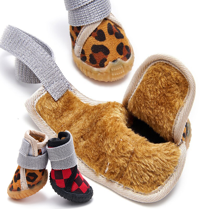 小狗冬季雪地靴防水防滑牛筋底4只装加绒护脚暖冬小型犬棉鞋子