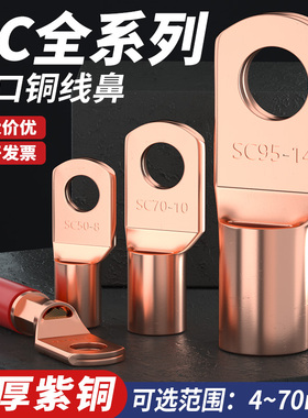 SC窥口本色铜鼻子线耳冷压接线端子加厚紫铜快接头4/6/8/10接线柱