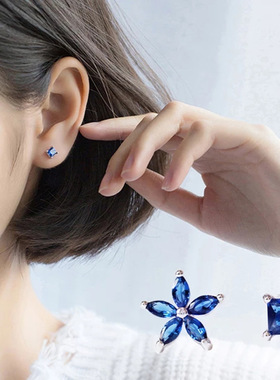 2019新款S925银针蓝色水晶花朵耳钉方块不对称耳环女学生新款耳饰