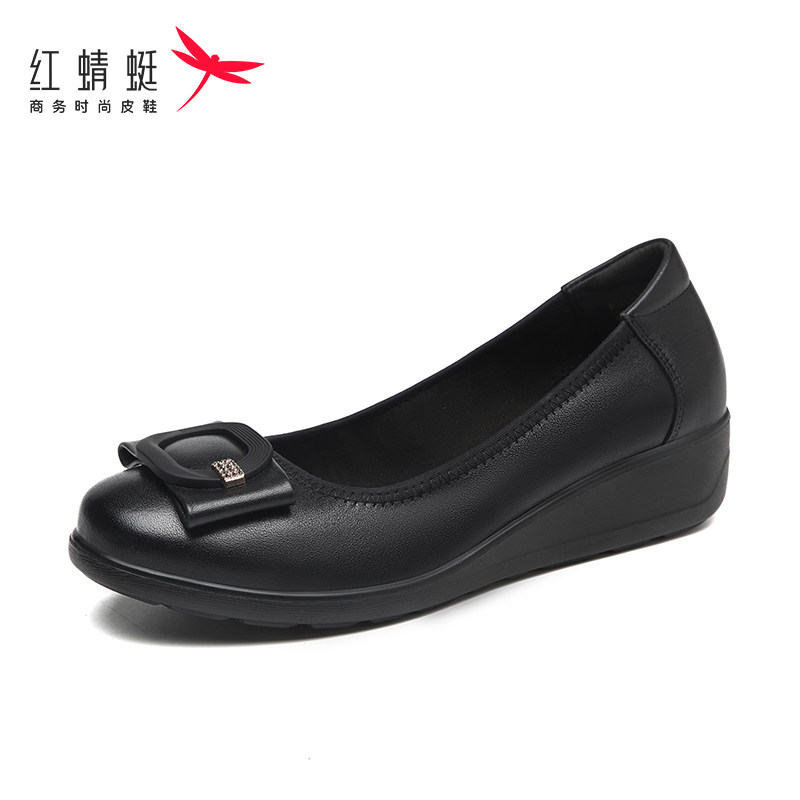 红蜻蜓真皮时尚浅口单鞋软底软面坡跟职业女士皮鞋妈妈牛皮豆豆鞋