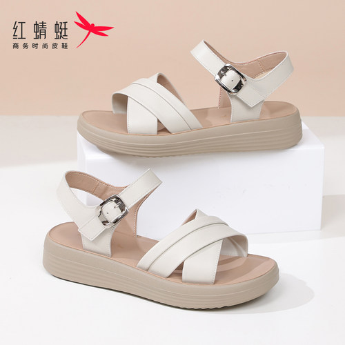 红蜻蜓真皮平底女士时装凉鞋2026夏季新款中年妈妈外穿软牛皮女鞋