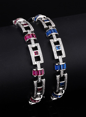 秋冬新款手链欧美跨境轻奢方形红宝石景泰蓝高级女式手镯百搭饰品