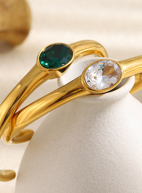 梦嘉欧美跨境气质小众个性手饰不锈钢镀18K椭圆锆石手镯女士饰品