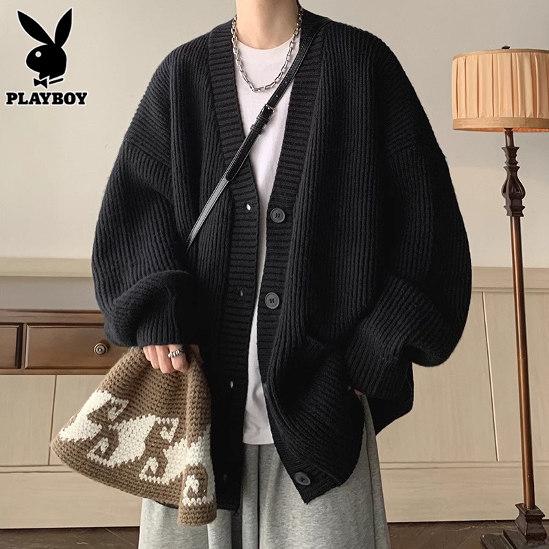 花花公子黑色针织开衫男秋冬季2024新款复古男生宽松慵懒毛衣外套