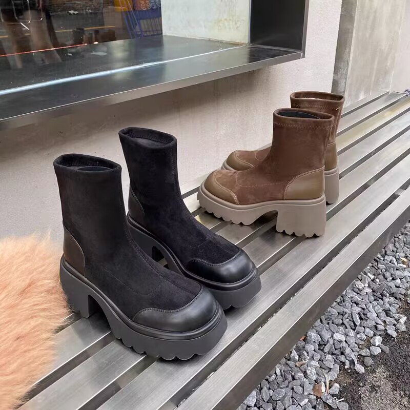 288-112短筒秋冬纯色胶粘春秋中跟马丁靴百搭英伦风靴子