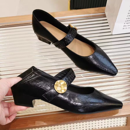 66-67复古百搭法式风格尖头粗跟魔术贴浅口玛丽珍单鞋女软底7
