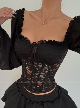 HELEN“古堡千金”带胸垫上衣法式灯笼袖露肩一字肩暗黑系蕾丝衫