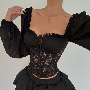 露肩一字肩暗黑系蕾丝衫 HELEN 灯笼袖 带胸垫上衣法式 古堡千金