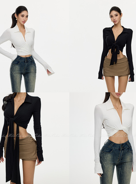 HELEN/多穿法V领纯欲辣妹风长袖打底衫女设计感绑带修身显瘦上衣