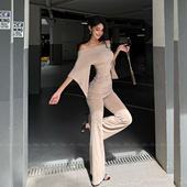 慵懒极简感 气质修身 蝙蝠袖 HELEN 收腰上衣显瘦长腿喇叭裤 两件套