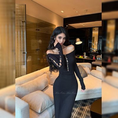 重工蝴蝶结扣修身包臀针织连衣裙