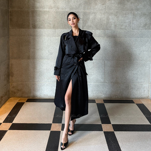 HELEN 极简系带双排扣大衣高级松弛感显瘦宽松外套 丝光缎面风衣