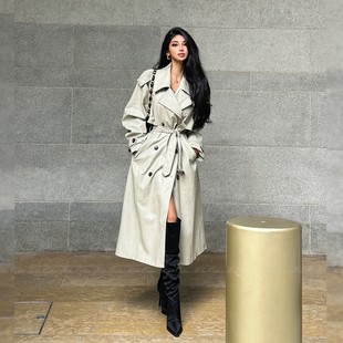 HELEN 立体廓形收腰系带高级显气质皮衣 英伦风双排扣风衣女中长款