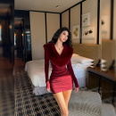 连衣裙女V领毛领显瘦褶皱长袖 暖绵羊绒 包臀裙 千金氛围感 HELEN