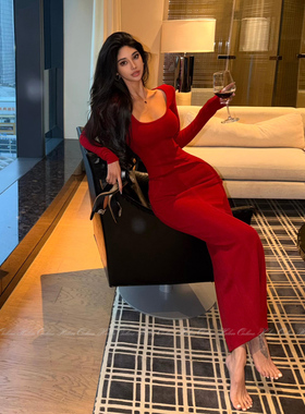 HELEN/黑科技发热羊毛收腰连衣裙女莱赛尔纤维U领长袖高级感长裙