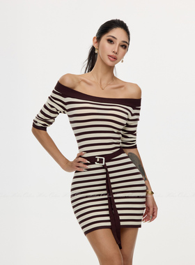 HELEN/撞色条纹显瘦露肩针织连衣裙女一字肩细腰带七分袖包臀短裙
