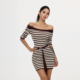 HELEN 撞色条纹显瘦露肩针织连衣裙女一字肩细腰带七分袖 包臀短裙