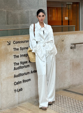 HELEN/轻奢高级感气质缎面套装女显瘦翻领外套宽松阔腿西裤两件套