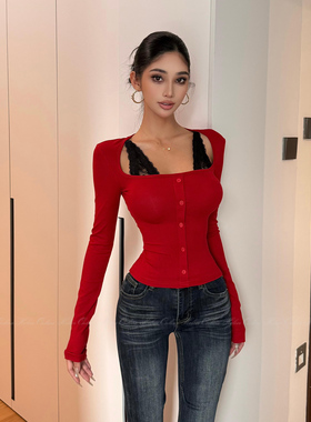 HELEN/纯欲辣妹风/蕾丝拼接假两件长袖T恤女修身显瘦辣妹百搭上衣