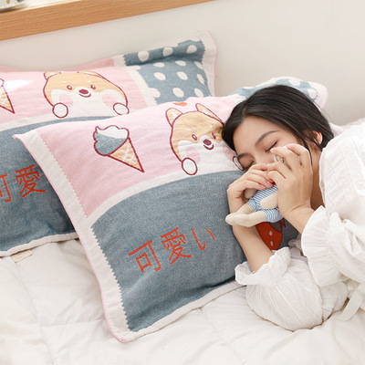 可爱熊2025新款柔软吸汗卡通枕巾纯棉一对装5五层纱布枕头巾儿童