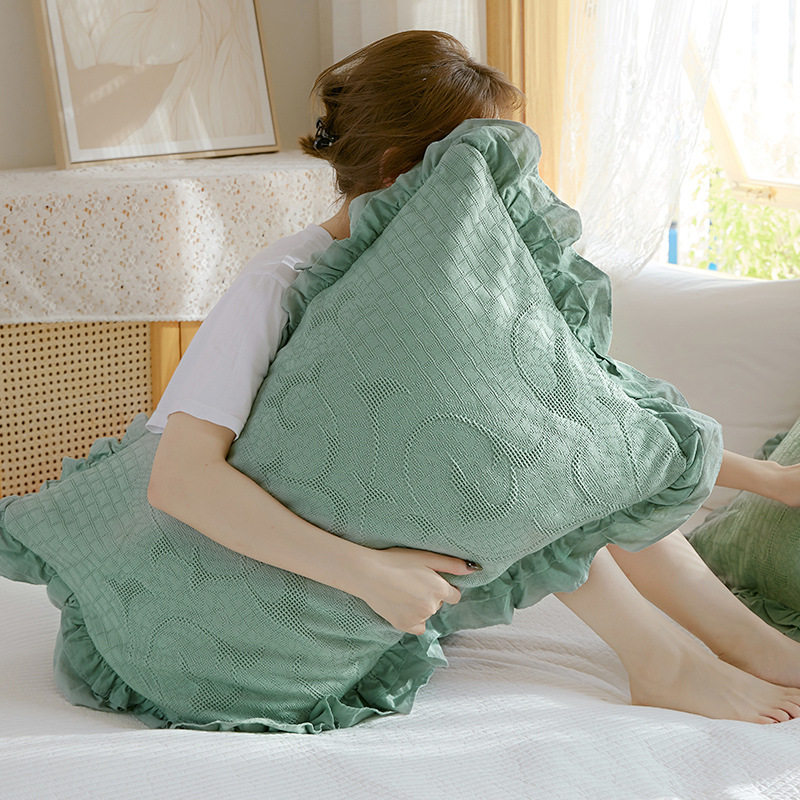 纯色素色简约欧式韩式大花边枕套信封式防滑不脱落枕头套一对装