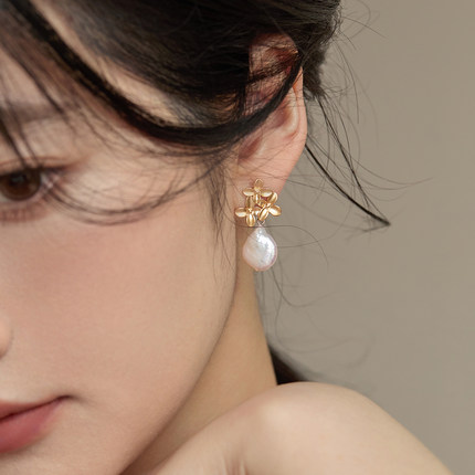 JUNJUN水滴淡水巴洛克珍珠三朵小花桂花耳钉复古气质高级耳环耳夹
