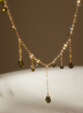 JUNJUN STUDIO橄榄绿显白流苏轻奢美产14k包金项链小众设计锁骨链