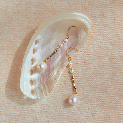 JUNJUN STUDIO极简美产14k包金淡水珍珠耳环女设计感长款耳钩耳饰