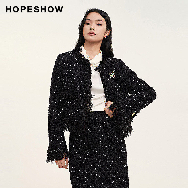 红袖2024秋季新款女装 香风珠片粗花呢流苏拼接正肩短箱型外套,女装/女士精品,短外套,淘宝优惠券,粉丝福利购,淘宝优惠卷