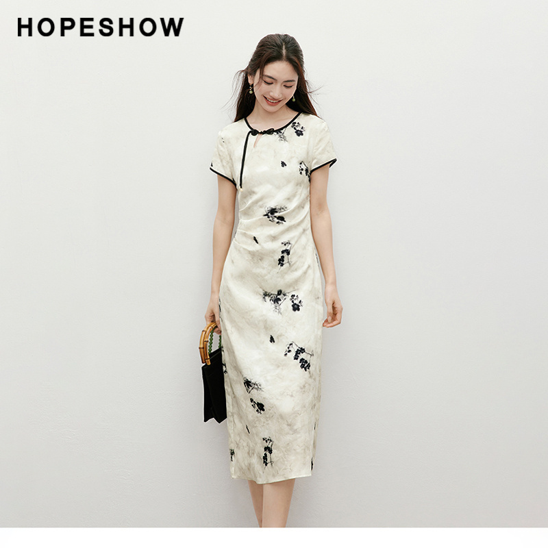 红袖秋款女装收腰圆领印花裙