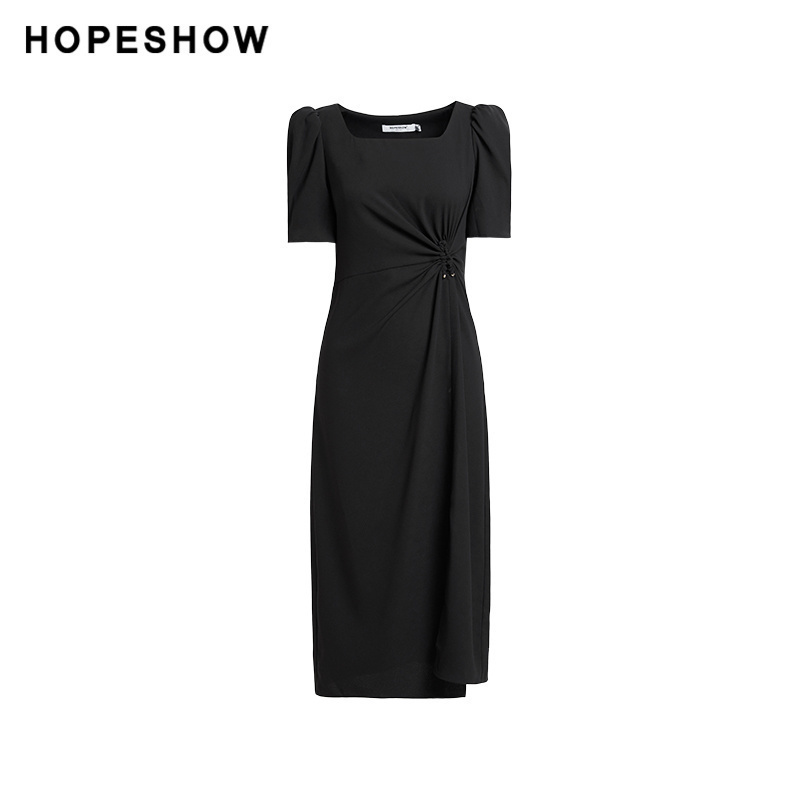 红袖秋新款女装纯色收腰开叉方领连衣裙