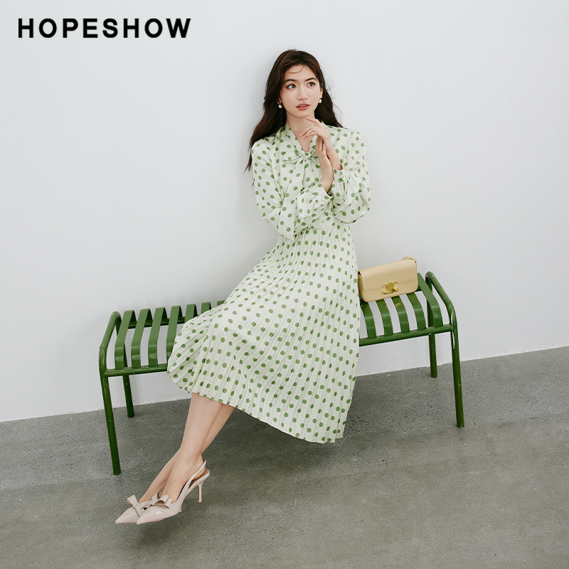 【日常价】红袖春季波点泡泡袖飘带领套头连衣裙