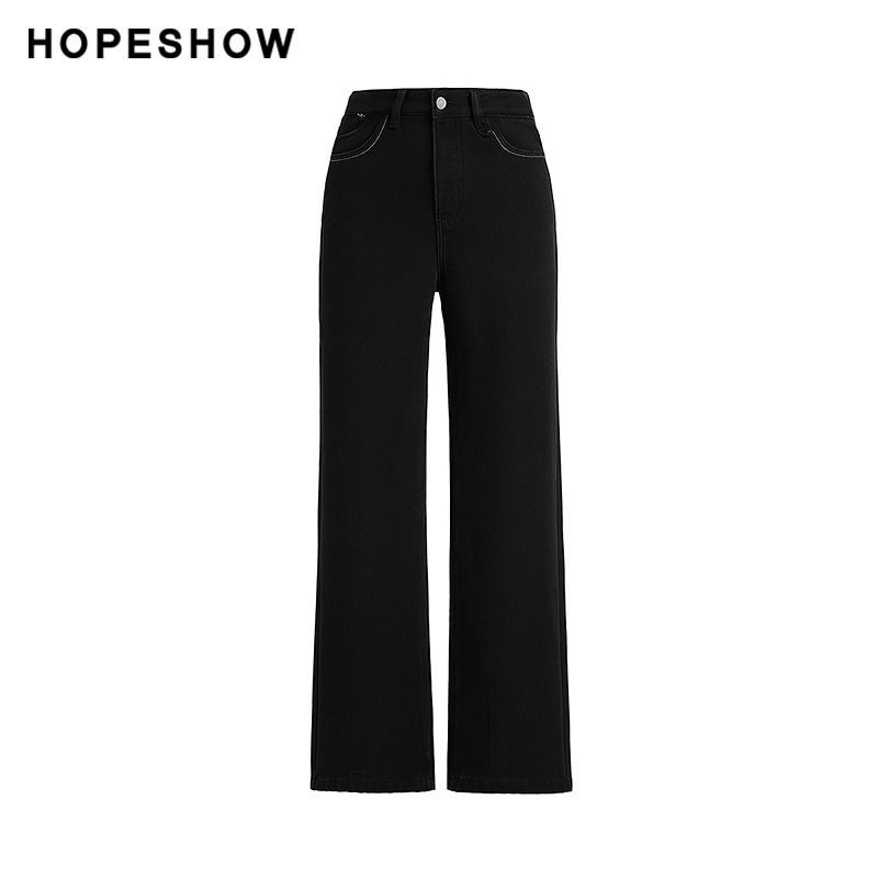 【清仓】红袖2024冬新款女装复古水洗撞色插袋拉链直筒牛仔长裤