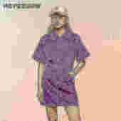 日常价 红袖 秋新款 女装 复古A字翻领套头牛仔连衣裙