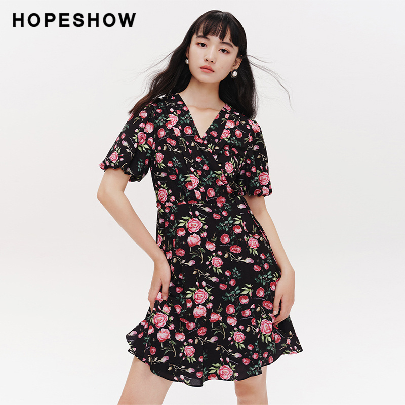 红袖春季新款女装玫瑰印花V领套头茶歇裙