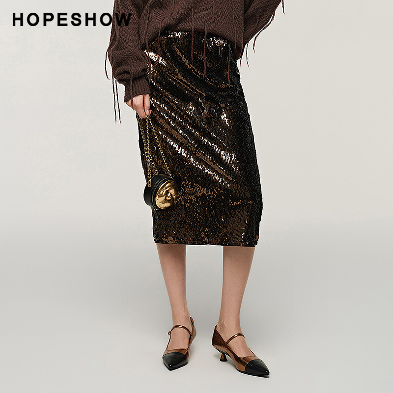 【日常价】红袖秋新款女装重工亮片拼接松紧宽腰半身裙