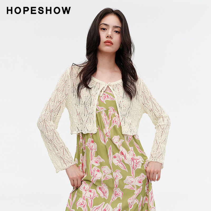 红袖夏新款女装法式镂空花型系带圆领针织开