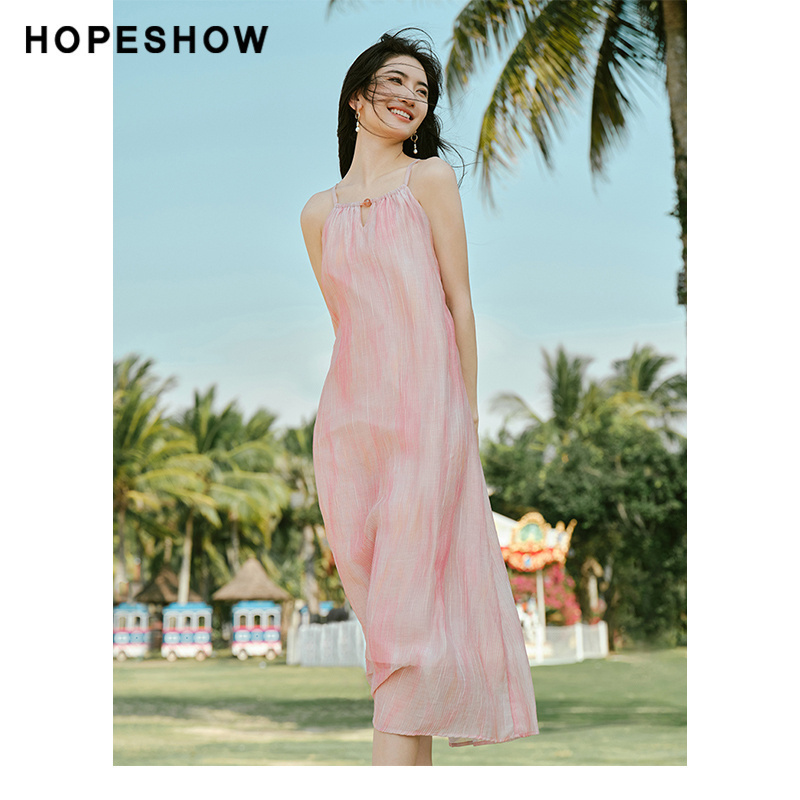 红袖夏新款女装皱感镂空串珠挂脖领连衣裙