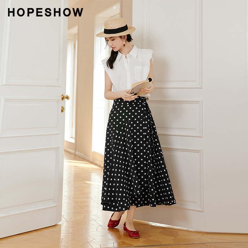 【日常价】红袖夏新款一片式系带A字波点雪纺半身裙女